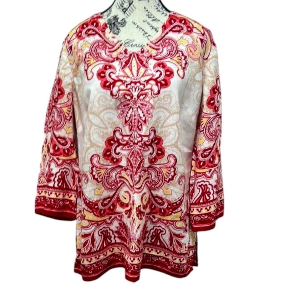 JM Collection Paisley Print Linen Tunic Red Tan - Size Medium